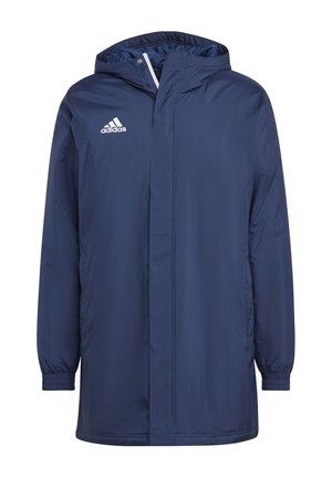 Marineblaue, wasserdichte Jacke mit Kapuze, elastischen Bündchen, Front-Reißverschluss und Seitentaschen. Mit weißem Adidas-Logo auf der oberen linken Brust.