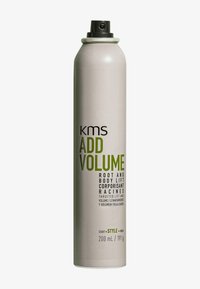 Spray can KMS Add Volume, forma cilindrica, finitura grigia opaca, testo verde e nero, 200 mL, progettato per sollevare le radici e il corpo dei capelli.
