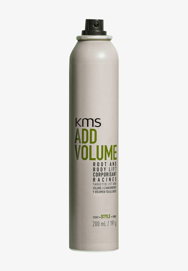 Spray can KMS Add Volume, forma cilindrica, finitura grigia opaca, testo verde e nero, 200 mL, progettato per sollevare le radici e il corpo dei capelli.