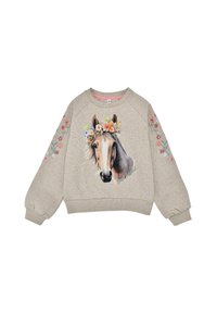Felpa grigia con una grafica di cavallo che indossa una corona floreale, caratterizzata da fiori ricamati sulle maniche e polsini e orlo a costine.