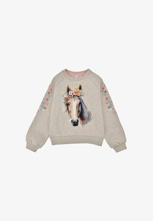 Felpa grigia con una grafica di cavallo che indossa una corona floreale, caratterizzata da fiori ricamati sulle maniche e polsini e orlo a costine.