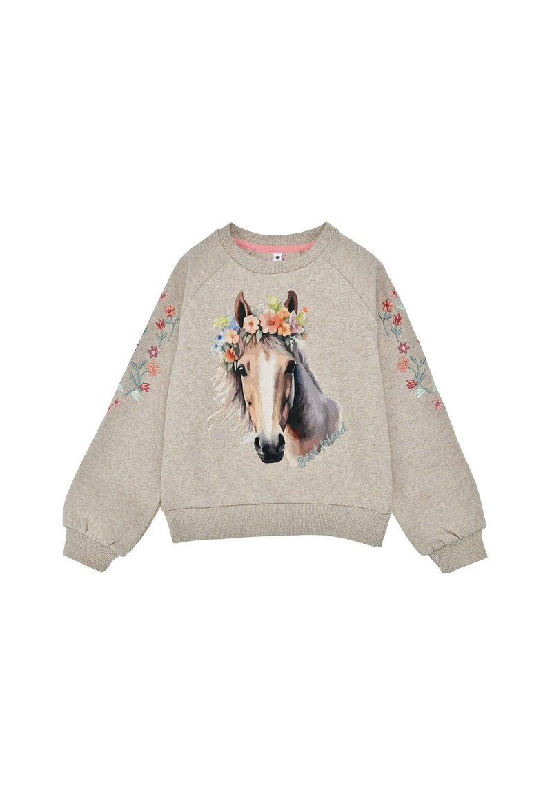 Felpa grigia con una grafica di cavallo che indossa una corona floreale, caratterizzata da fiori ricamati sulle maniche e polsini e orlo a costine.