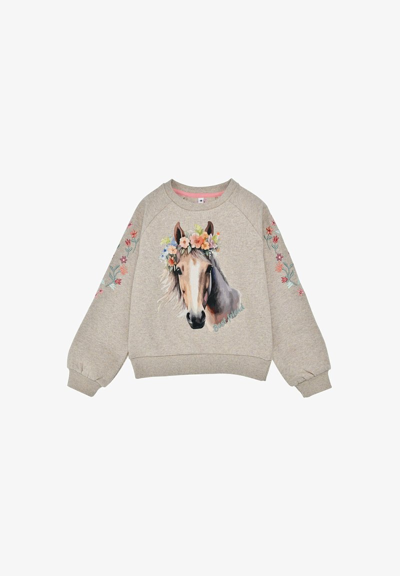 Felpa grigia con una grafica di cavallo che indossa una corona floreale, caratterizzata da fiori ricamati sulle maniche e polsini e orlo a costine.
