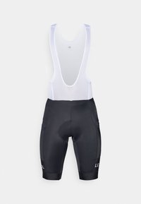 Cuissard de cyclisme noir avec chamois rembourré, bretelles en maille blanche et détails du logo. Texture lisse, coupe ajustée et deux poches latérales.