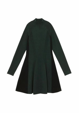 Roheline vormitud kleit pikkade varrukatega, kõrge kaelusega ja laieneva seelikuosaga. Omab kontrastseid musti külgepaneele ja vertikaalset õmbluse detaili.