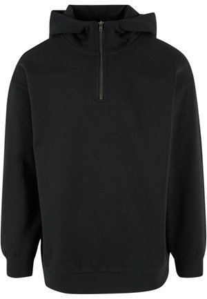 Schwarzer Kapuzenpullover mit einem halben Reißverschluss an der Front, aus weichem Material gefertigt. Verfügt über gerippte Manschetten und Saum sowie eine glatte Textur.