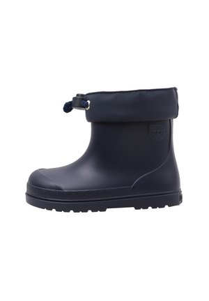 Navyblauwe rubberen enkellaars voor regen met gewatteerde kraag en verstelbare trekkoordsluiting voor een veilige pasvorm.