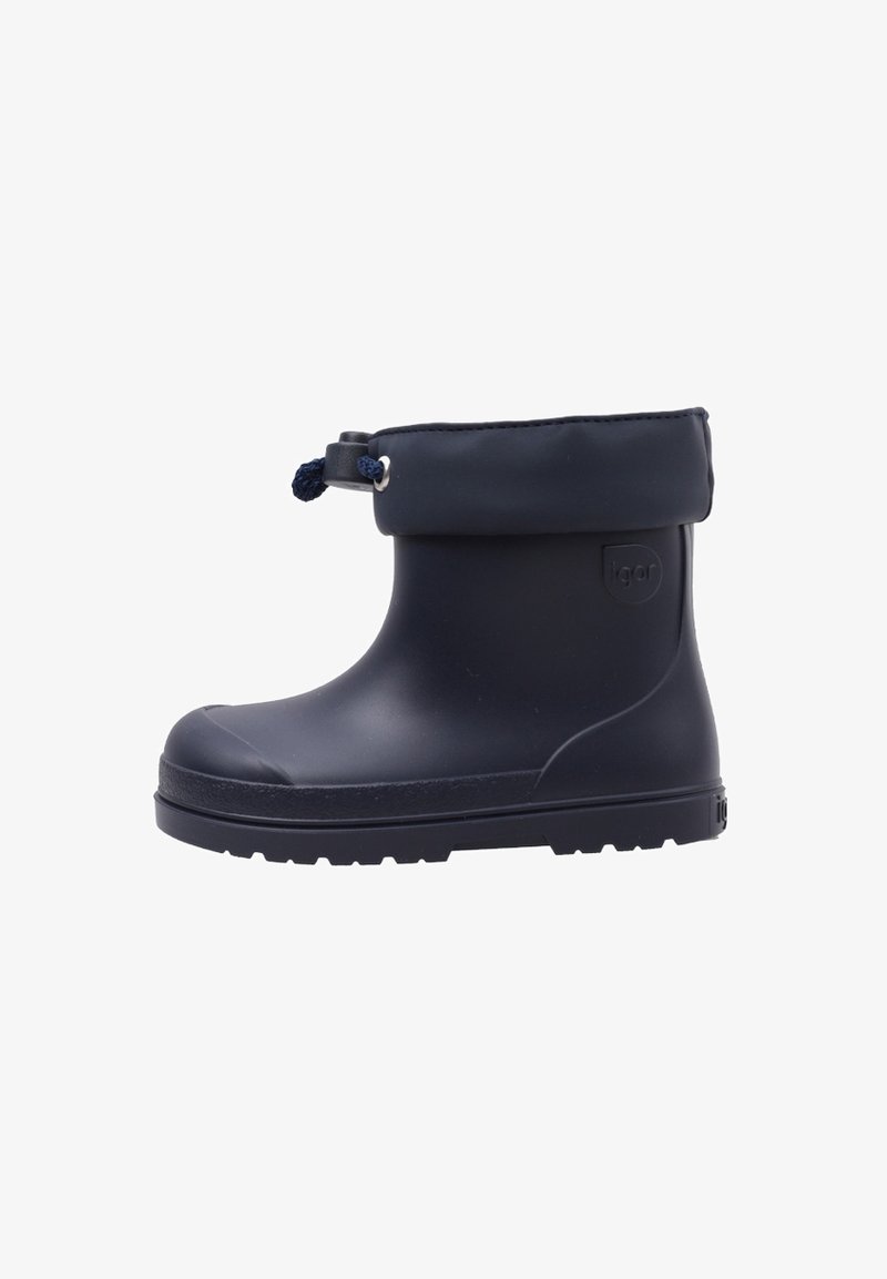 Botte de pluie en caoutchouc bleu marine pour cheville avec col matelassé et fermeture à cordon ajustable pour un maintien sûr.