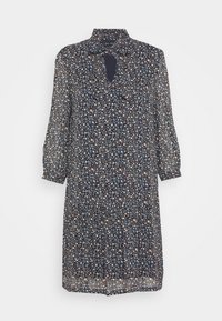 Floral dress made of lightweight fabric; dark navy base with multicolored floral print. Features a mandarin collar and keyhole cutout. Three-quarter sleeves.