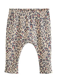Leggings con stampa leopardata realizzati in tessuto a costine. I colori includono beige, nero e corallo. Presentano una vita elastica e gambe affusolate.