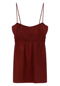 Vínový top bez rukávů s tenkými ramínky, s nařasenou látkou na prsou a elastickým pasem pro pohodlné nošení.