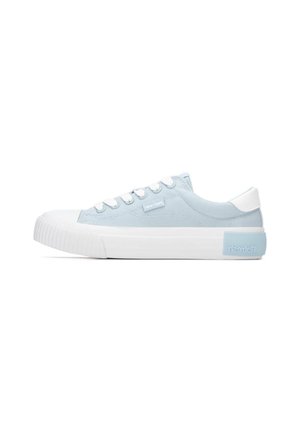 Zapatillas de lona azul claro con puntera y suela de goma blanca. Cuentan con cordones blancos y un detalle azul claro en el talón con la marca.