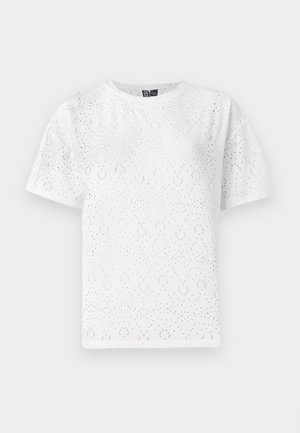 White cotton t-shirt featuring a perforated pattern with curved shapes, short sleeves, and a round neckline. Smooth texture and relaxed fit.