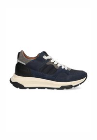 Marineblauwe en grijze suède sneakers met witte veters, meshpanelen en een zwarte hielbelasting. Heeft een dikke witte tussenzool en een textuur rubberen buitenzool.