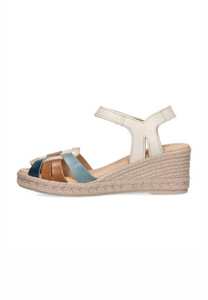 Sandalia cuña con correas de cuero beige y multicolores, suela de yute trenzado y una correa en el tobillo ajustable para un ajuste seguro.