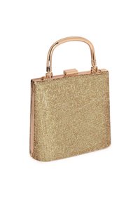Borsa a mano dorata con forma rettangolare, rivestita in materiale luccicante, presenta un manico e un dettaglio di chiusura metallici.