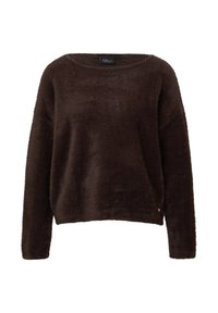 Ciemnobrązowy, puszysty sweter z długim rękawem, o okrągłym dekolcie, luźnym kroju i małą metką z logo przy dolnym brzegu na białym tle.