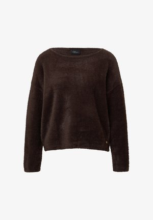 Donkerbruin, fluffy langarmtrui met ronde hals, relaxed fit en een klein logo-label bij de zoom op een witte achtergrond.