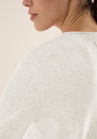 Hellgrau gestrickter Pullover mit strukturiertem Muster, der über einen gerippten Halsausschnitt und Schulternähte verfügt. Sanftes, nahtloses Design mit einem gemütlichen Aussehen.