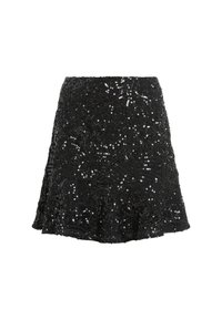 Jupe noire trapèze couverte de sequins noirs brillants en motifs tourbillonnants, créant une surface texturée et réfléchissante.