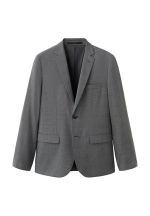 Grijze blazer van gestructureerde stof met een subtiel ruitpatroon, twee voorzakken en een sluiting met één knoop. Gevoerd interieur in zwart.