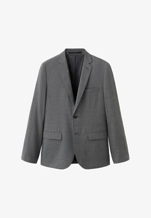 Grijze blazer van gestructureerde stof met een subtiel ruitpatroon, twee voorzakken en een sluiting met één knoop. Gevoerd interieur in zwart.