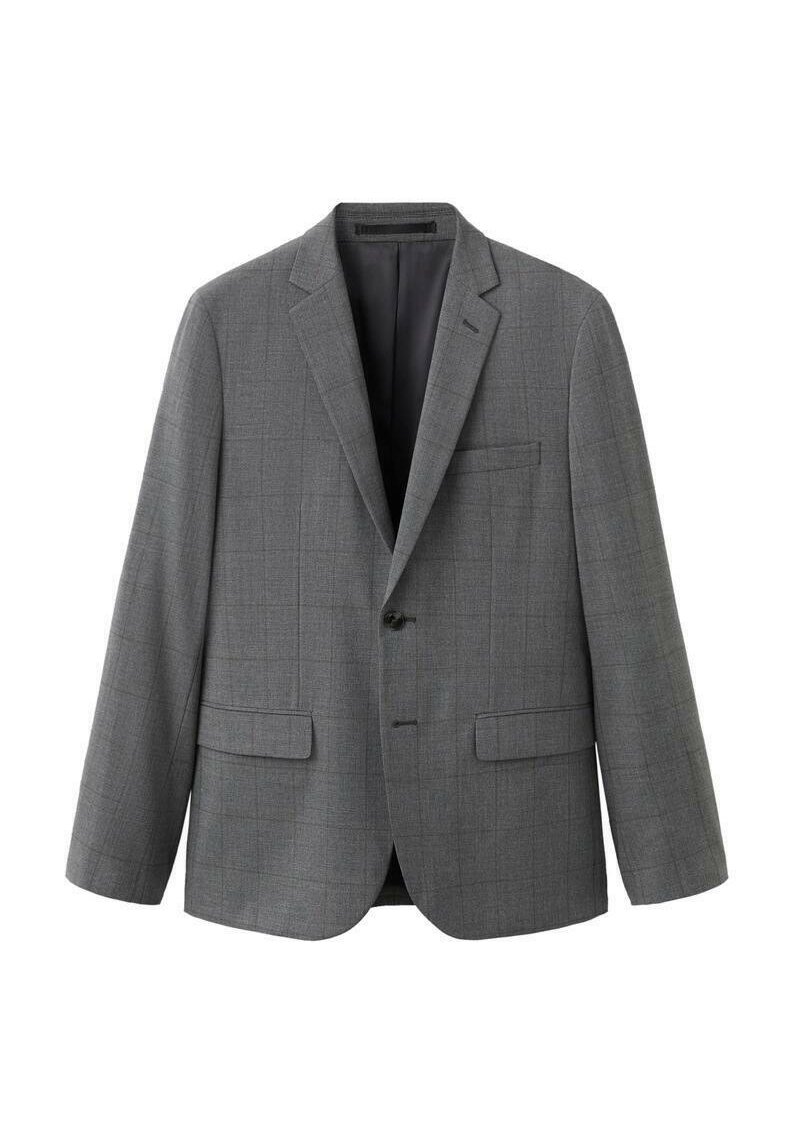 Grauer Blazer aus strukturiertem Stoff mit dezentem Karomuster, zwei Fronttaschen und Ein-Knopf-Verschluss. Schwarzes gefüttertes Innenfutter.
