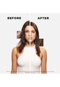 Capelli lunghi e castano scuro mostrati prima e dopo il trattamento, rivelando una consistenza più liscia e una lucentezza migliorata. Top senza maniche bianco, sfondo neutro.