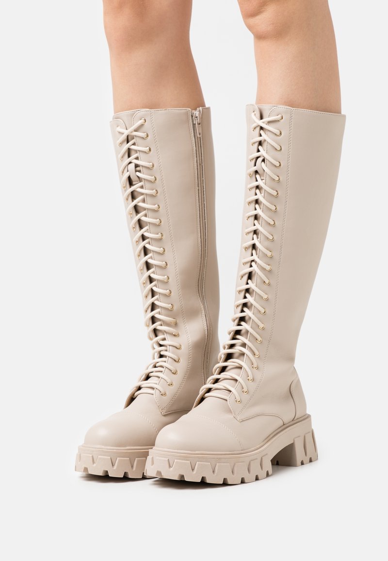 Missguided KNEE HIGH LACE UP BOOTS Platform boots cream/beige