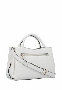 Sac à main blanc en matériau texturé avec un motif en relief. Il possède des poignées courtes, une bandoulière détachable et une poche zippée à l'avant.