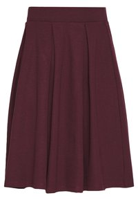 Bordowa spódnica w kształcie litery A z miękkiego, elastycznego materiału, z fałdami i elastycznym pasem. Wykończenie dołu jest staranne i schludne.