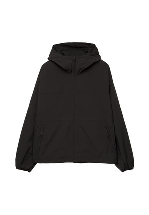 Black hooded jacket made from lightweight, water-resistant material. Features zippered front and side pockets, elastic cuffs, and a simple design.