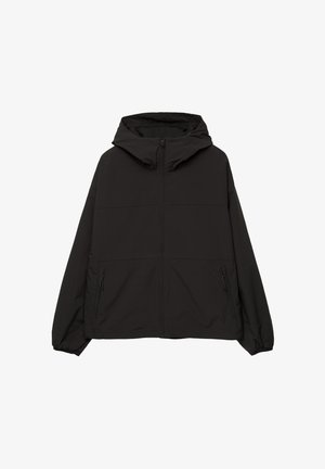 Schwarze Kapuzenjacke aus leichtem, wasserabweisendem Material. Mit durchgehendem Reißverschluss, seitlichen Taschen mit Reißverschluss, elastischen Bündchen und einem schlichten Design.