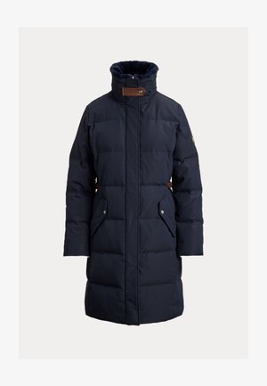 Navy blue puffer coat with a high collar, horizontal quilted design, two side pockets, and brown leather accents on the neck.