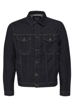 Mørkeblå denimjakke med knaplukning foran, to brystlommer med klapper og knapper samt lyse kontrastsømme.