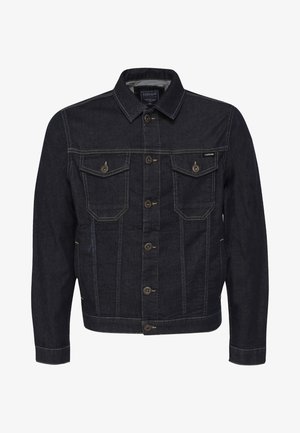 Giacca in denim blu scuro con chiusura frontale a bottoni, due tasche al petto con pattina e bottoni, e cuciture a contrasto chiare.