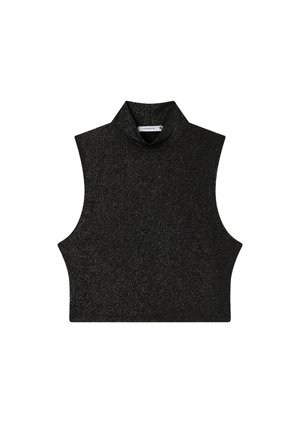Top senza maniche di colore nero in un tessuto lucido e strutturato. Presenta un colletto alto e fori per le braccia angolari per un look aderente.