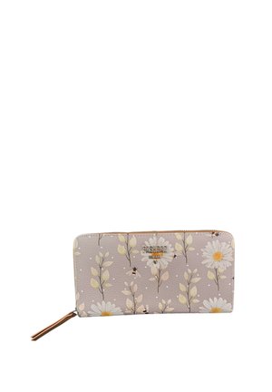 Portafoglio viola chiaro con zip con motivo di margherite bianche e api e piccole foglie verdi, con cursore della zip in pelle marrone.