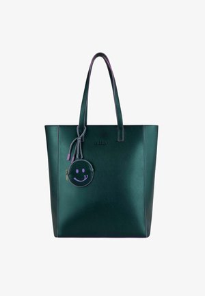 Groene neplederen tote bag met paarse accenten. Beschikbaar met dubbele handvatten en een ronde pouch met een glimlachend gezicht. Eenvoudig en gestructureerd design.