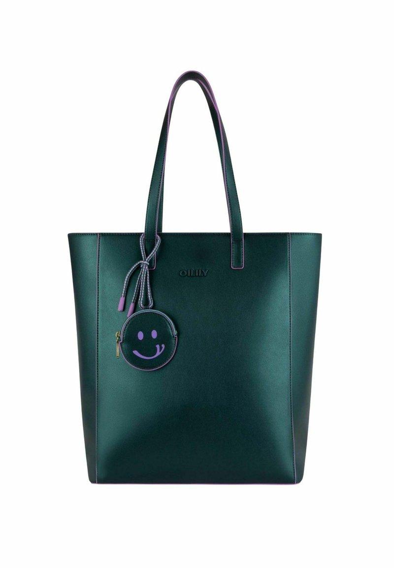 Sac fourre-tout en simili cuir vert avec des bordures violettes. Dispose de double anses et d'une pochette ronde avec un visage souriant. Design simple et structuré.