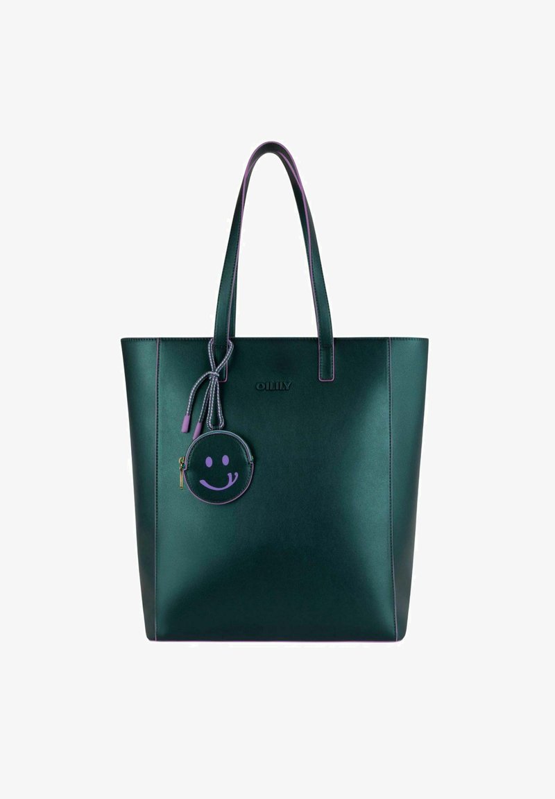 Sac fourre-tout en simili cuir vert avec des bordures violettes. Dispose de double anses et d'une pochette ronde avec un visage souriant. Design simple et structuré.