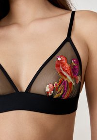 Black mesh triangle bra featuring vibrant embroidered birds in red and pink, with floral accents, complemented by a smooth black band.