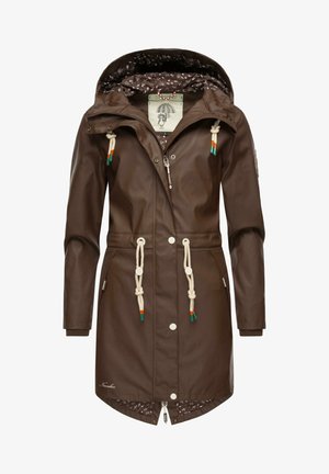 Brun vandtæt parka med hætte med snoretræk, beige rebdetaljer, hvide trykknapper og et blomsterpræget foer.