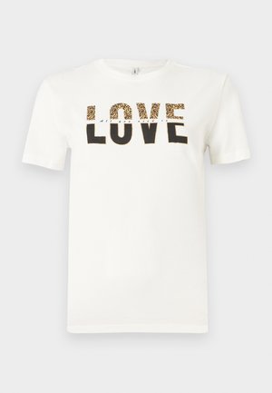 White cotton t-shirt featuring the word "LOVE" in bold black letters with a leopard print accent. Short sleeves and a crew neck design.