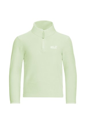Pull polaire vert clair à manches longues avec zip quart et col montant, avec un petit logo blanc sur la poitrine gauche.