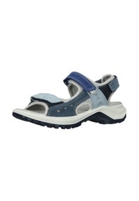 Sándal azul y gris con punta abierta, correa de Velcro, material transpirable, parte superior texturizada, suela de goma con relieve para un mejor agarre.
