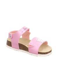 Rosa synthetische Sandalen mit einer Sohle im Kork-Stil, verstellbaren Riemen und einem Cartoon-Bären-Design auf dem vorderen Riemen.