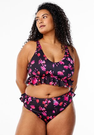 Black floral bikini top with ruffled hem, featuring pink and purple flowers; matching ruffled bikini bottoms. Smooth fabric, athletic design.