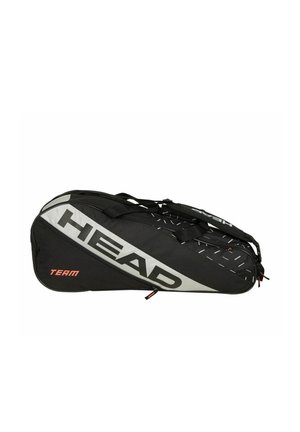 Bolsa de raqueta de tenis HEAD en negro y gris con asas y cremallera, etiquetada con la palabra "TEAM" en naranja en el lateral.