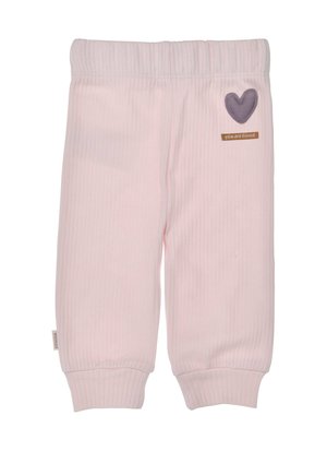 Light pink ribbed baby pants with elastic waistband, cuffed ankles, and a gray heart patch with "you are loved" text on the left side.